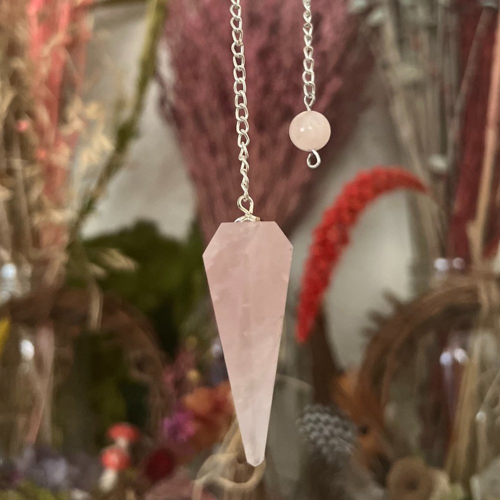 Rose Quartz Pendulum with 8mm Morganite Bead Detail, 24cm Length